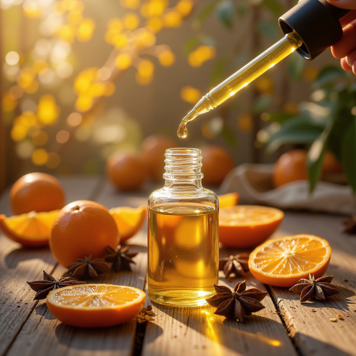 天然维生素C保健品包装，橙色为主色调，瓶装设计，透明玻璃瓶身，标签显示天然提取成分，绿色植物图案装饰