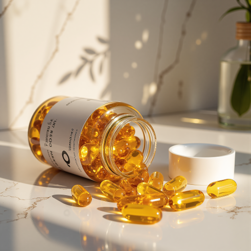 鱼油保健品胶囊包装，深蓝色瓶装，透明胶囊展示，标签显示Omega-3成分，海洋波浪图案装饰